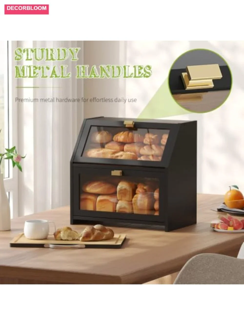 Bamboo Bread Box with Cutting Board, Double Layer Extra Large Capacity, Clear